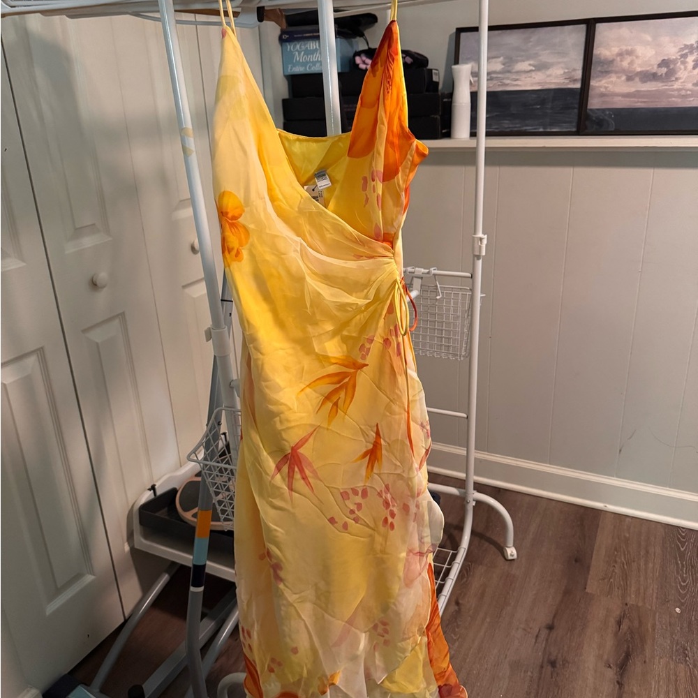 Asymmetrical Yellow and Orange Maxi Dress with Spaghetti Straps
